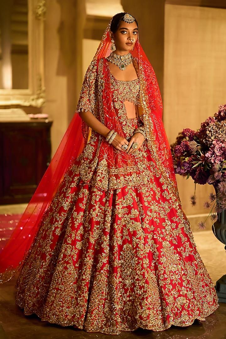 Red Raw Silk Zardosi Embroidered Bridal Lehenga Set by Seema Gujral at Pernia's Pop Up Shop