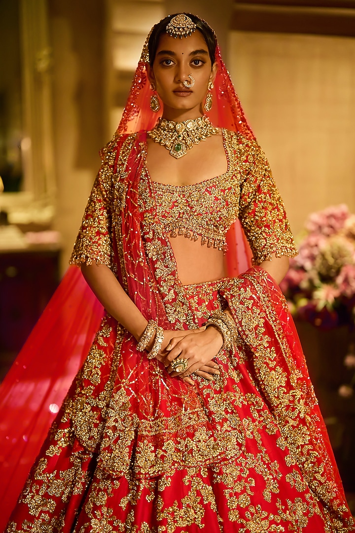 Red Raw Silk Zardosi Embroidered Bridal Lehenga Set by Seema Gujral at Pernia's Pop Up Shop