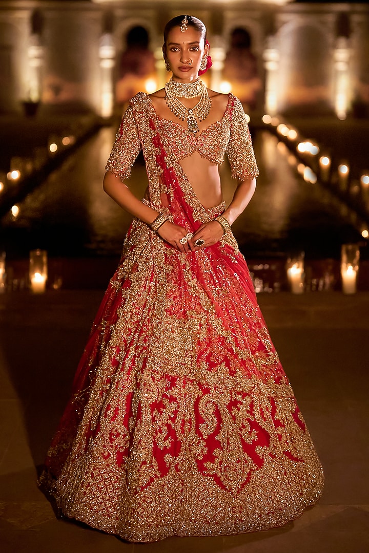 Red Raw Silk Zardosi Embroidered Bridal Lehenga Set by Seema Gujral at Pernia's Pop Up Shop
