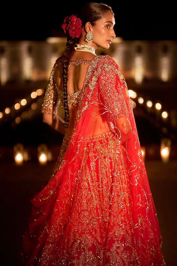 Red Raw Silk Zardosi Embroidered Bridal Lehenga Set by Seema Gujral at Pernia's Pop Up Shop