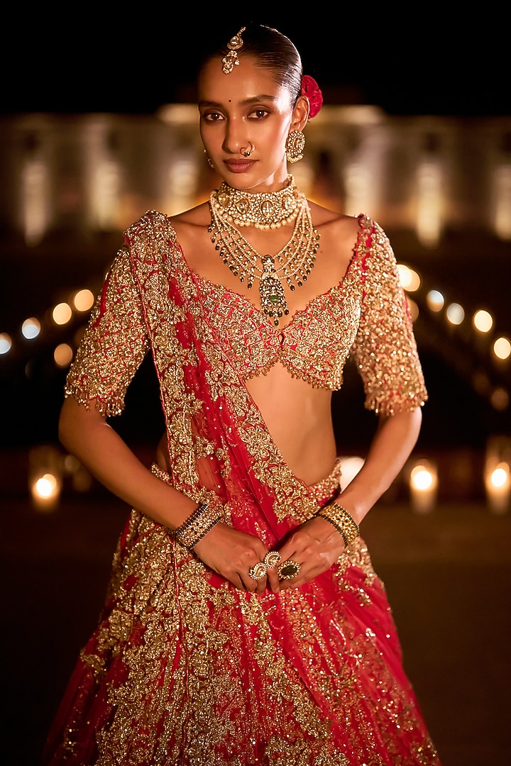 Red Raw Silk Zardosi Embroidered Bridal Lehenga Set by Seema Gujral at Pernia's Pop Up Shop