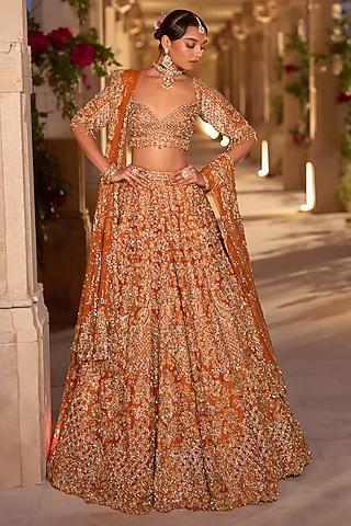Rust Raw Silk Zardosi Embroidered Lehenga Set by Seema Gujral