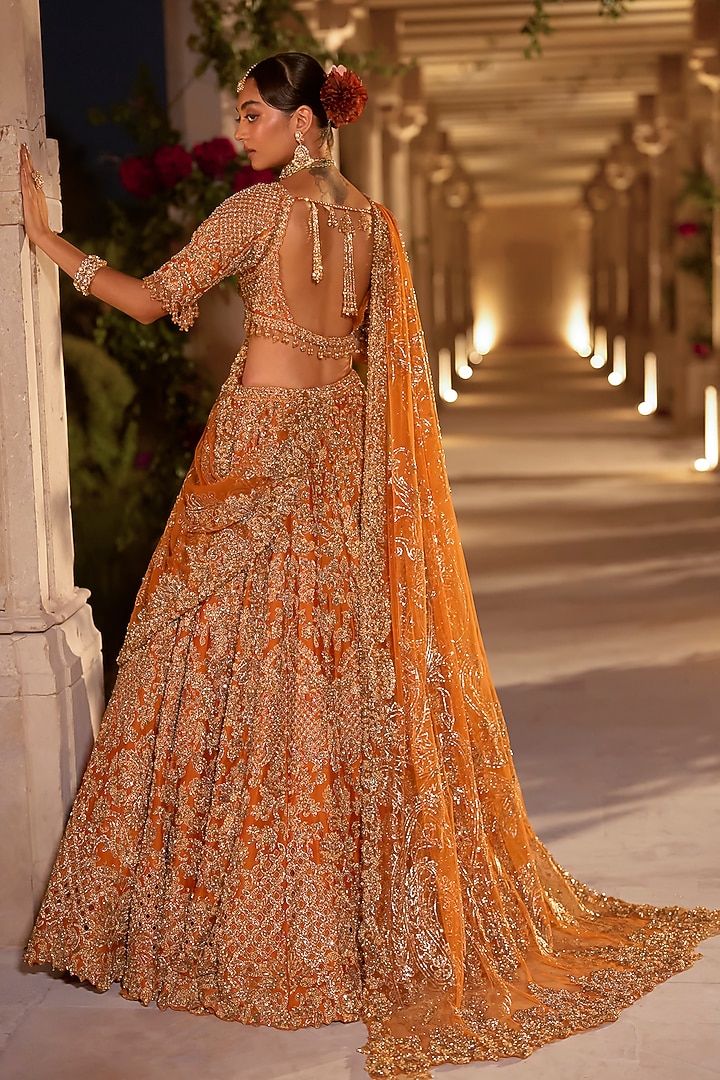 Rust Raw Silk Zardosi Embroidered Bridal Lehenga Set by Seema Gujral at Pernia's Pop Up Shop