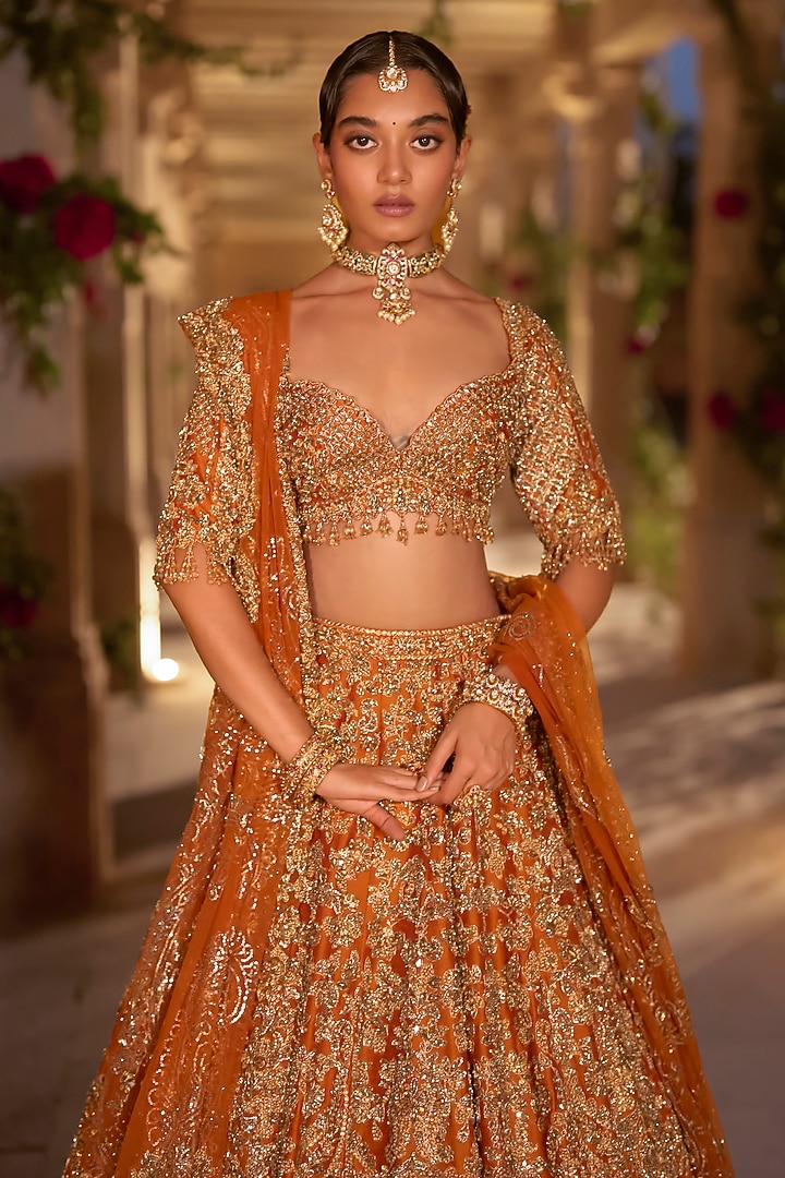 Rust Raw Silk Zardosi Embroidered Bridal Lehenga Set by Seema Gujral at Pernia's Pop Up Shop