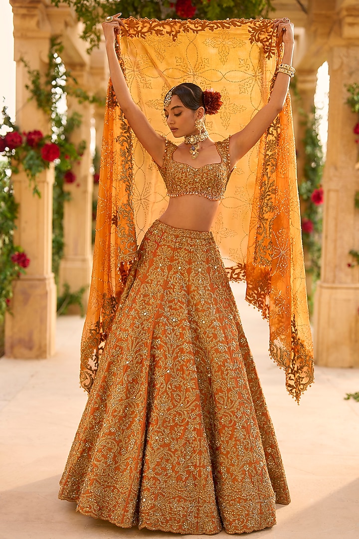 Rust Raw Silk Zardosi Embroidered Bridal Lehenga Set by Seema Gujral at Pernia's Pop Up Shop