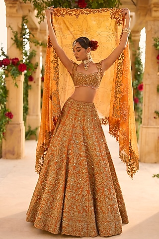 Rust Raw Silk Zardosi Embroidered Lehenga Set by Seema Gujral