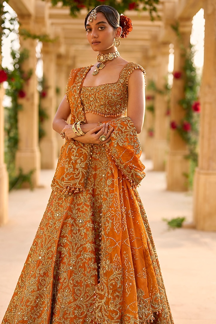 Rust Raw Silk Zardosi Embroidered Bridal Lehenga Set by Seema Gujral at Pernia's Pop Up Shop