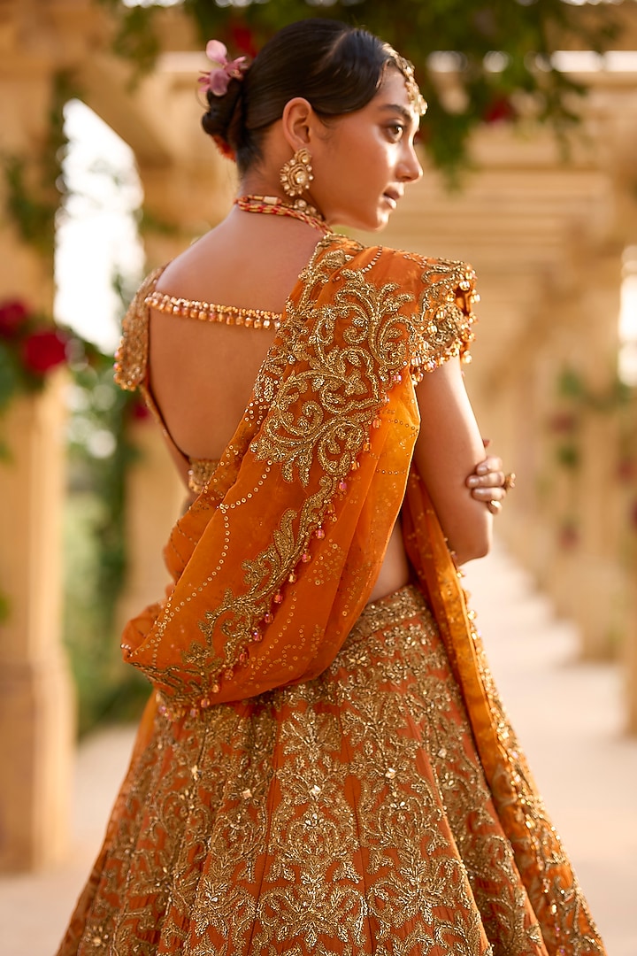 Rust Raw Silk Zardosi Embroidered Bridal Lehenga Set by Seema Gujral at Pernia's Pop Up Shop