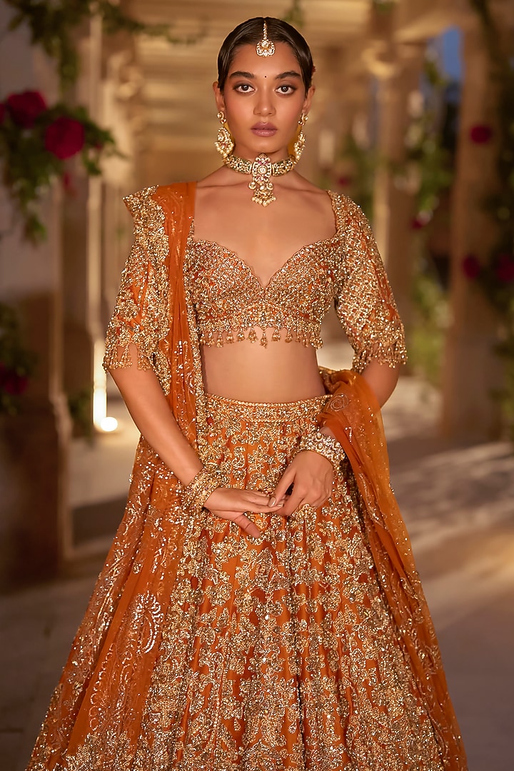 Rust Raw Silk Zardosi Embroidered Bridal Lehenga Set by Seema Gujral at Pernia's Pop Up Shop