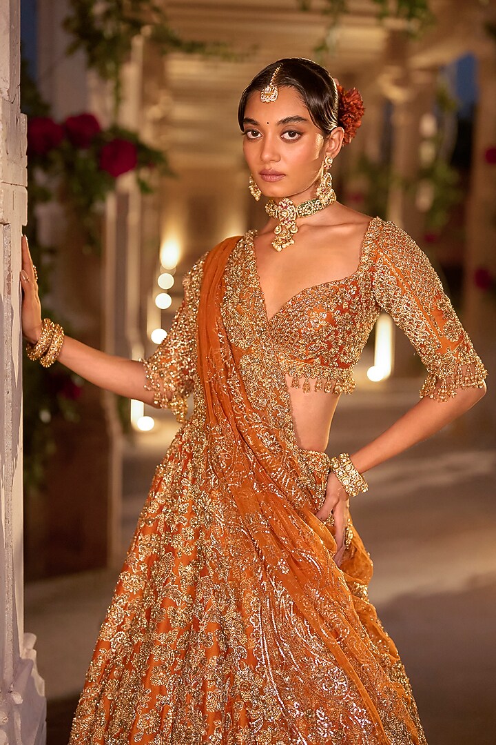 Rust Raw Silk Zardosi Embroidered Bridal Lehenga Set by Seema Gujral at Pernia's Pop Up Shop