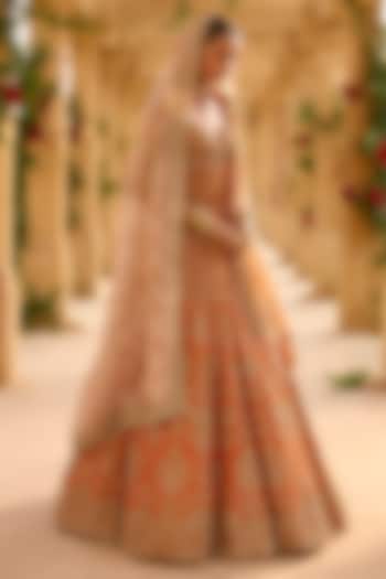 Burnt Orange Raw Silk Thread Embroidered Bridal Lehenga Set by Seema Gujral at Pernia's Pop Up Shop