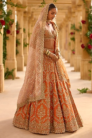 Burnt Orange Raw Silk Thread Embroidered Lehenga Set by Seema Gujral