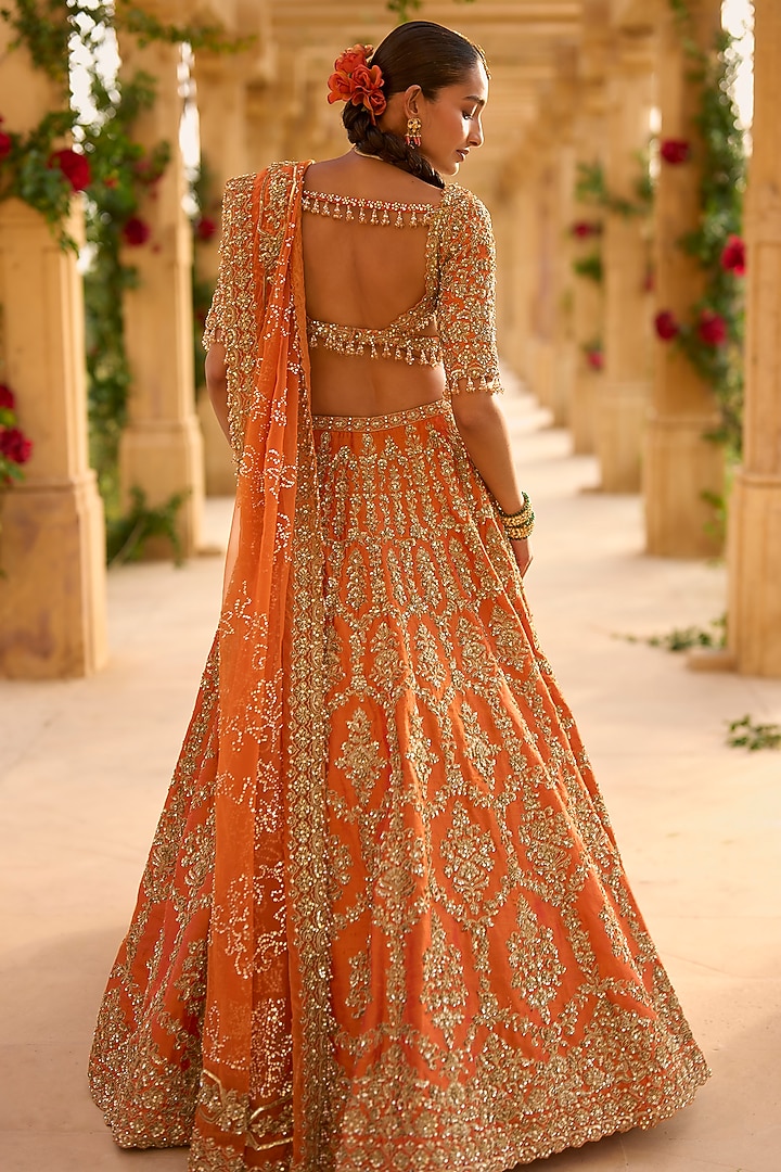 Burnt Orange Raw Silk Thread Embroidered Bridal Lehenga Set by Seema Gujral at Pernia's Pop Up Shop