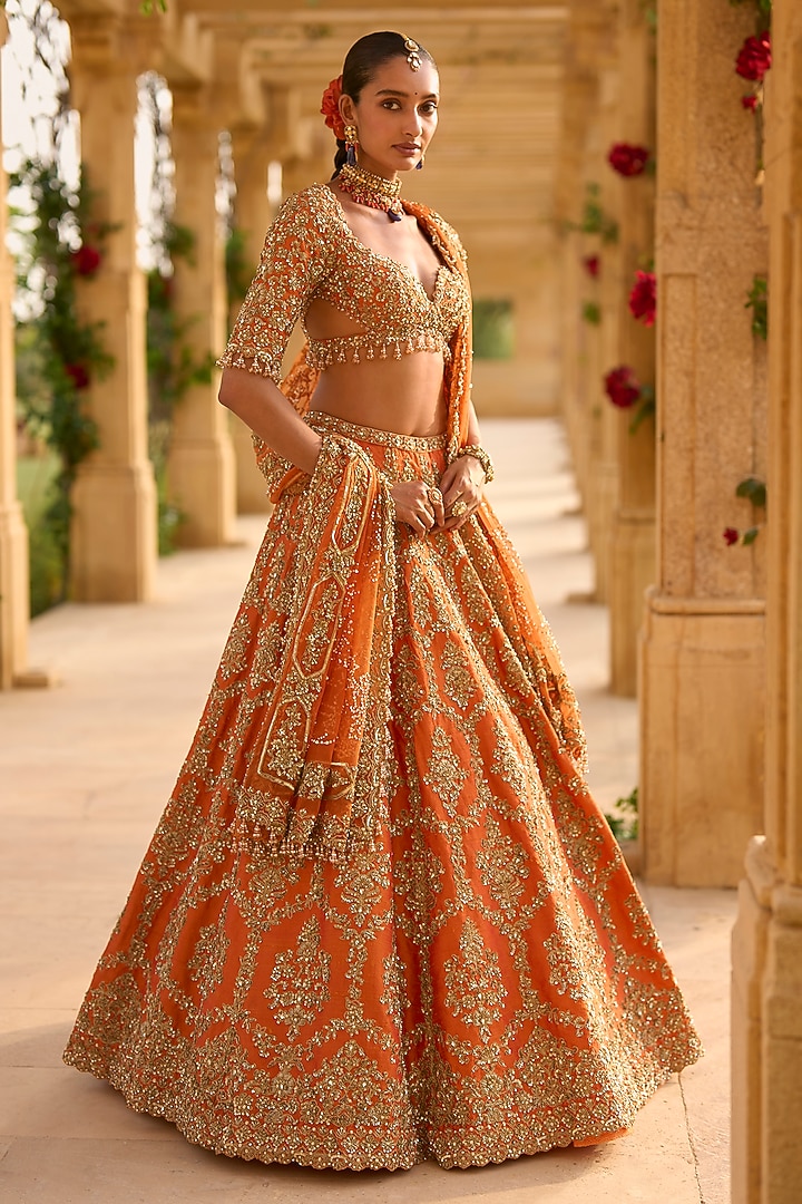 Burnt Orange Raw Silk Thread Embroidered Bridal Lehenga Set by Seema Gujral at Pernia's Pop Up Shop
