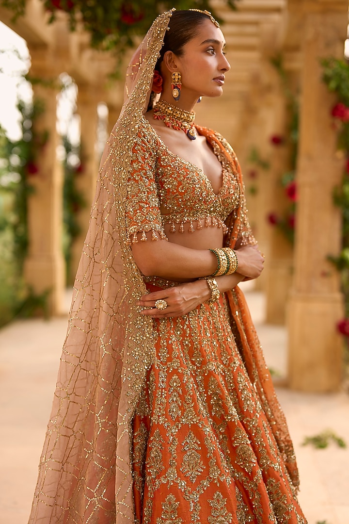 Burnt Orange Raw Silk Thread Embroidered Bridal Lehenga Set by Seema Gujral at Pernia's Pop Up Shop