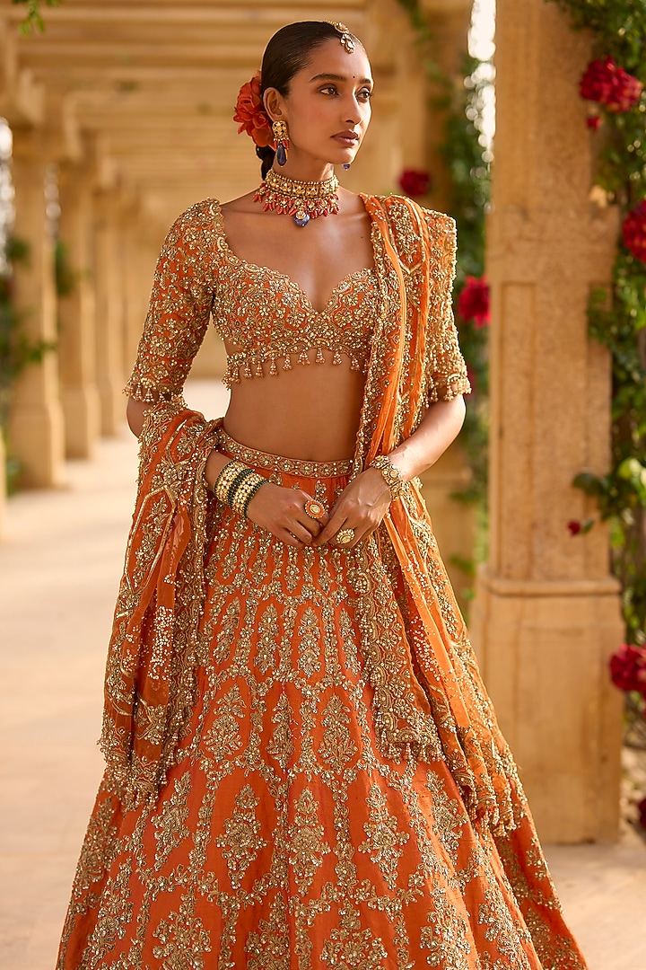 Burnt Orange Raw Silk Thread Embroidered Bridal Lehenga Set by Seema Gujral at Pernia's Pop Up Shop