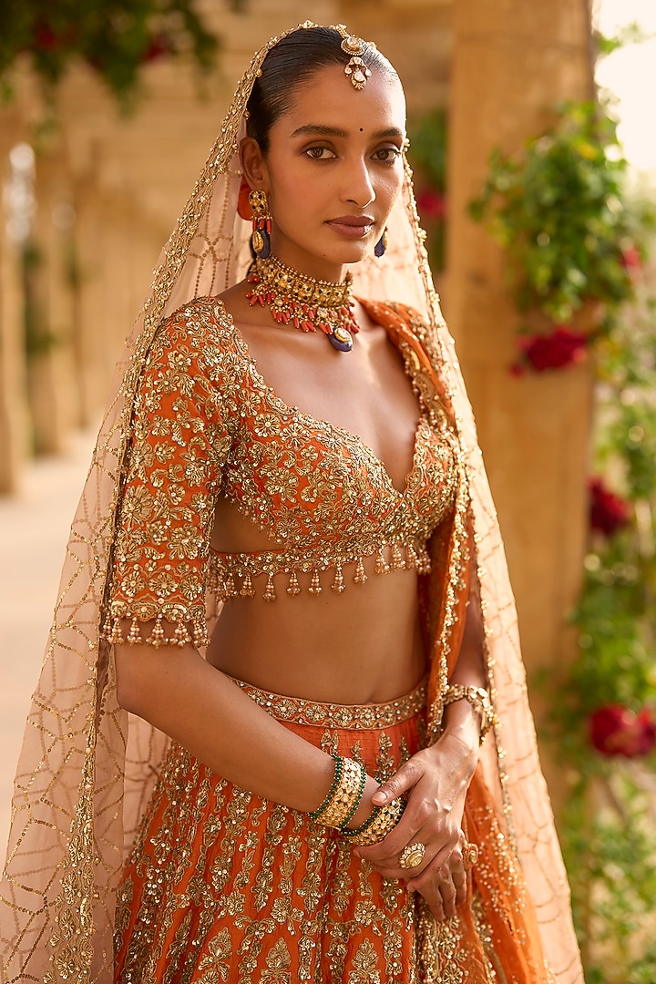 Burnt Orange Raw Silk Thread Embroidered Bridal Lehenga Set by Seema Gujral at Pernia's Pop Up Shop