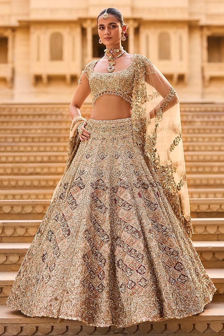 Light Gold Net Zardosi Embroidered Bridal Lehenga Set by Seema Gujral at Pernia's Pop Up Shop