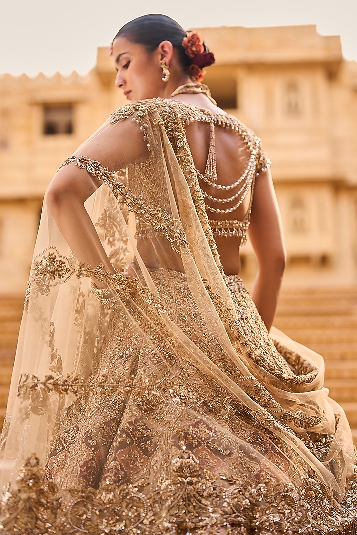 Light Gold Net Zardosi Embroidered Bridal Lehenga Set by Seema Gujral at Pernia's Pop Up Shop