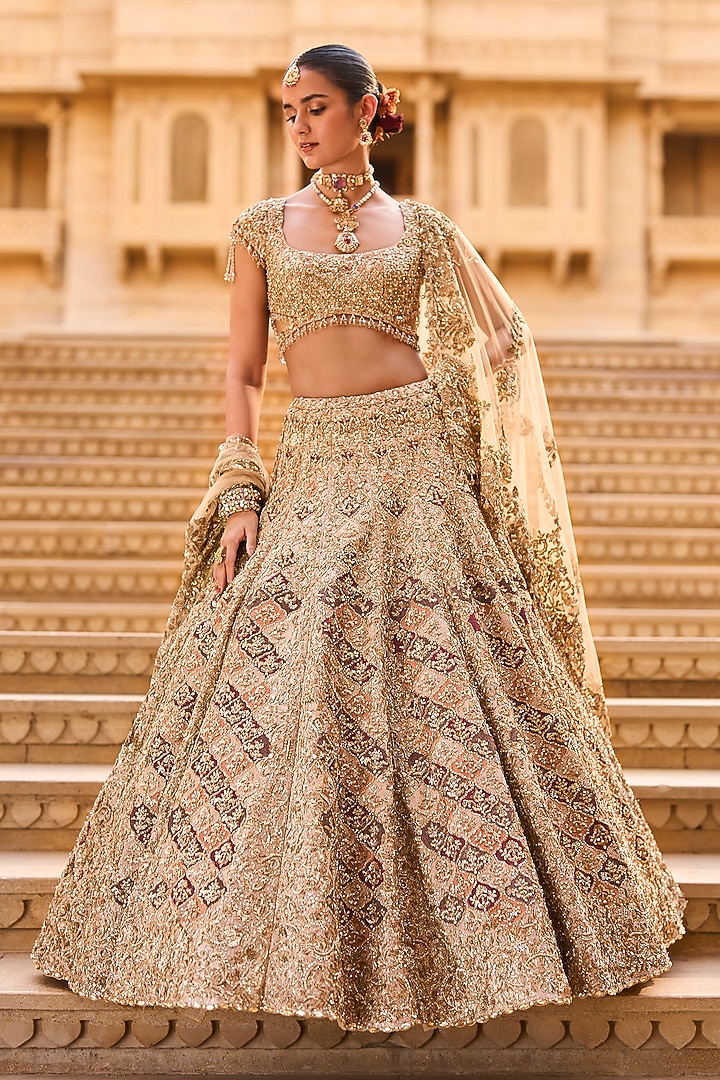 Light Gold Net Zardosi Embroidered Bridal Lehenga Set by Seema Gujral at Pernia's Pop Up Shop