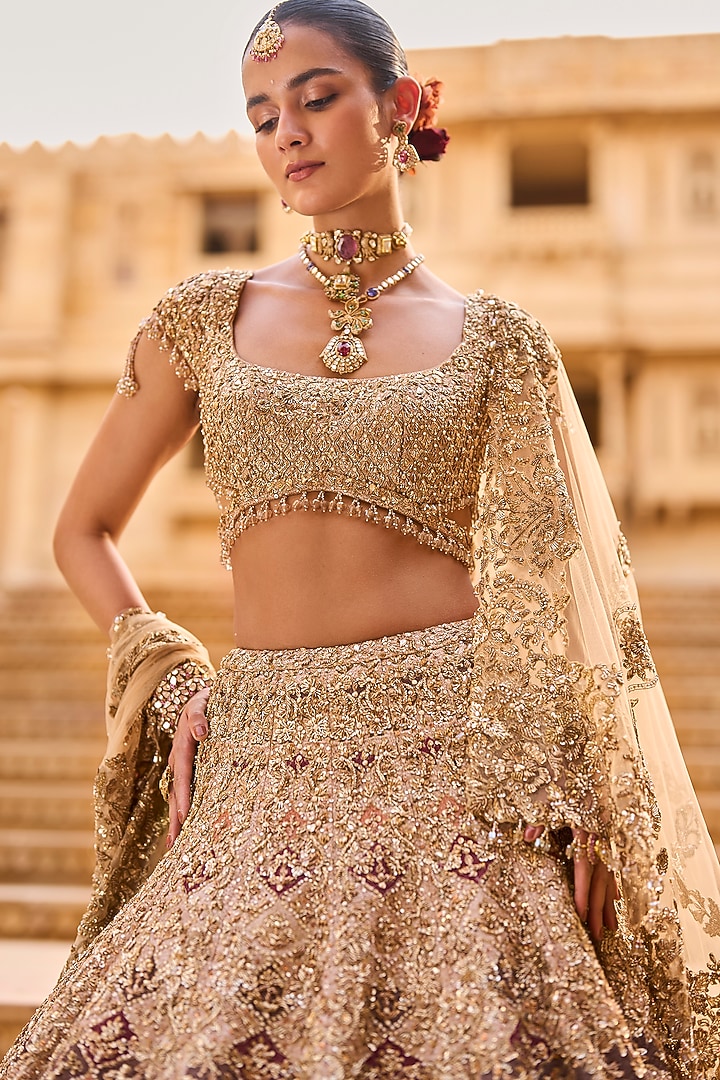 Light Gold Net Zardosi Embroidered Bridal Lehenga Set by Seema Gujral at Pernia's Pop Up Shop