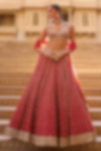 Dark Red Raw Silk Zardosi Embroidered Bridal Lehenga Set by Seema Gujral at Pernia's Pop Up Shop