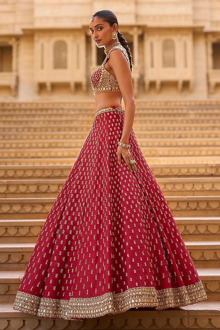 Dark Red Raw Silk Zardosi Embroidered Bridal Lehenga Set by Seema Gujral at Pernia's Pop Up Shop