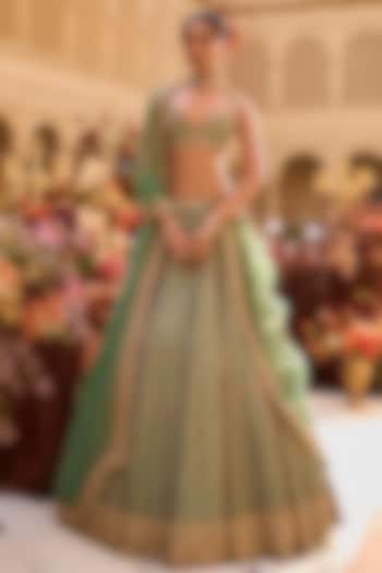 Green & Gold Raw SIlk Zardosi Embroidered Bridal Lehenga Set by Seema Gujral at Pernia's Pop Up Shop