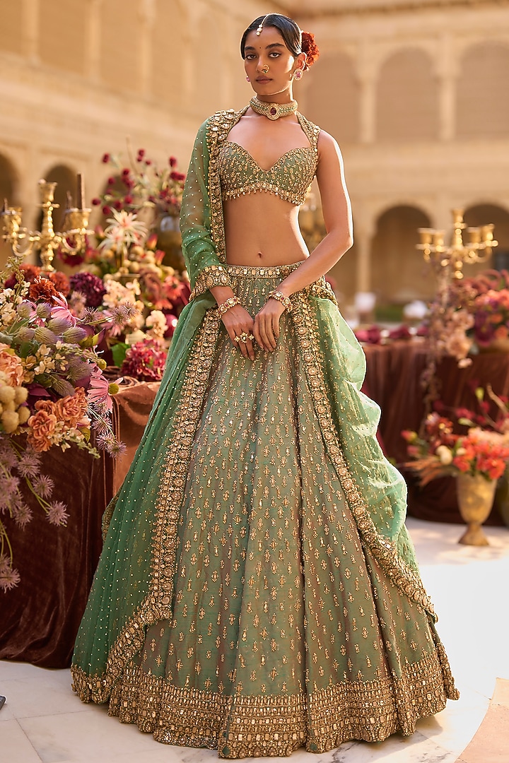 Green & Gold Raw SIlk Zardosi Embroidered Bridal Lehenga Set by Seema Gujral at Pernia's Pop Up Shop