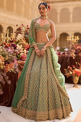 Green & Gold Raw SIlk Zardosi Embroidered Lehenga Set by Seema Gujral