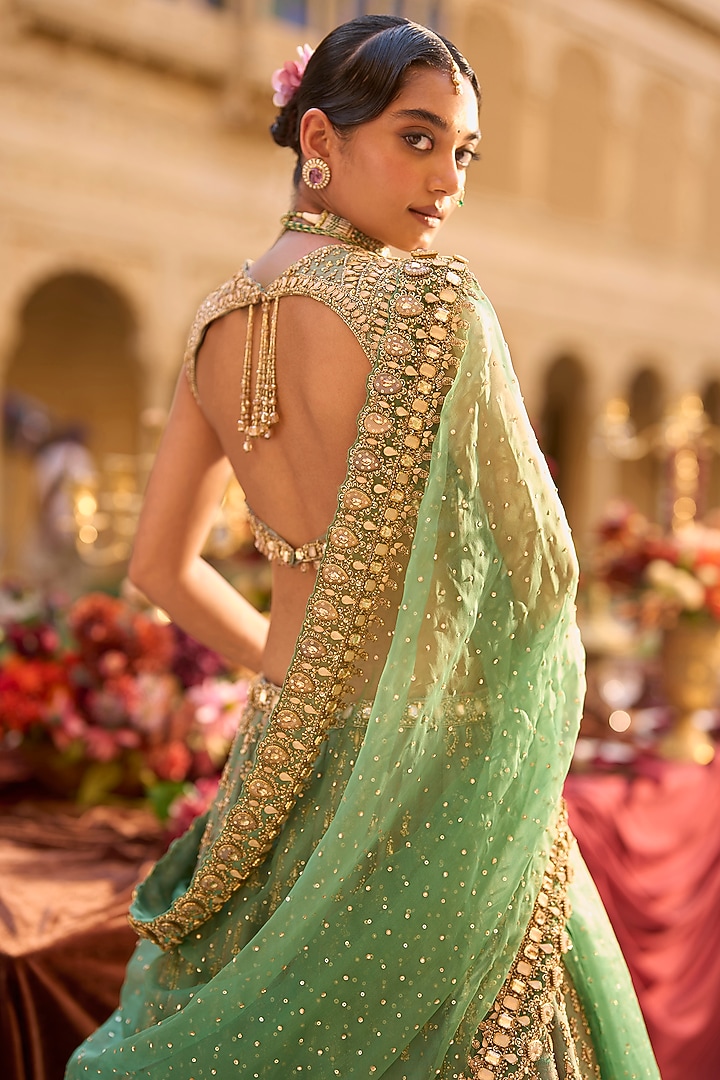 Green & Gold Raw SIlk Zardosi Embroidered Bridal Lehenga Set by Seema Gujral at Pernia's Pop Up Shop