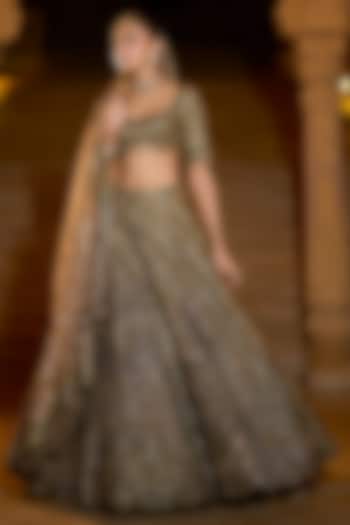 Moss Green Tissue Organza Sequins Embroidered Bridal Lehenga Set by Seema Gujral at Pernia's Pop Up Shop