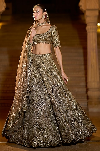 Moss Green Tissue Organza Sequins Embroidered Lehenga Set by Seema Gujral