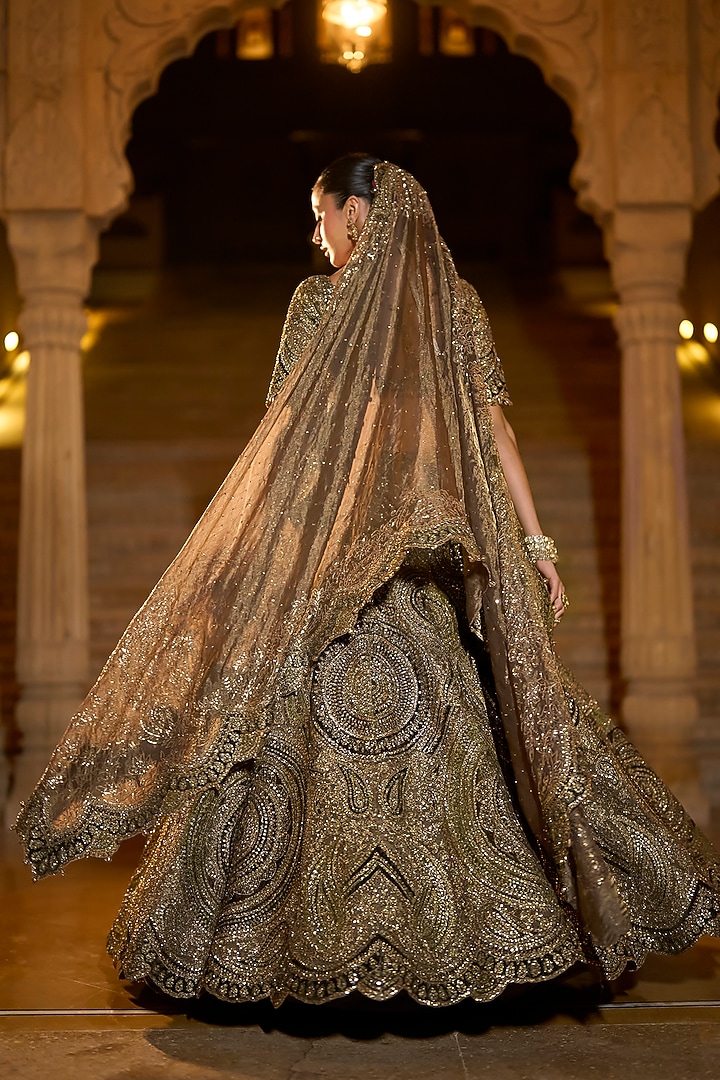 Moss Green Tissue Organza Sequins Embroidered Bridal Lehenga Set by Seema Gujral at Pernia's Pop Up Shop