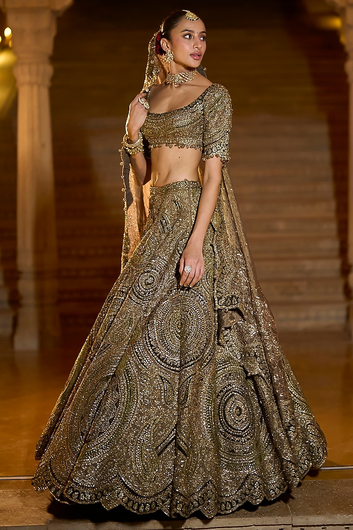 Moss Green Tissue Organza Sequins Embroidered Bridal Lehenga Set by Seema Gujral at Pernia's Pop Up Shop