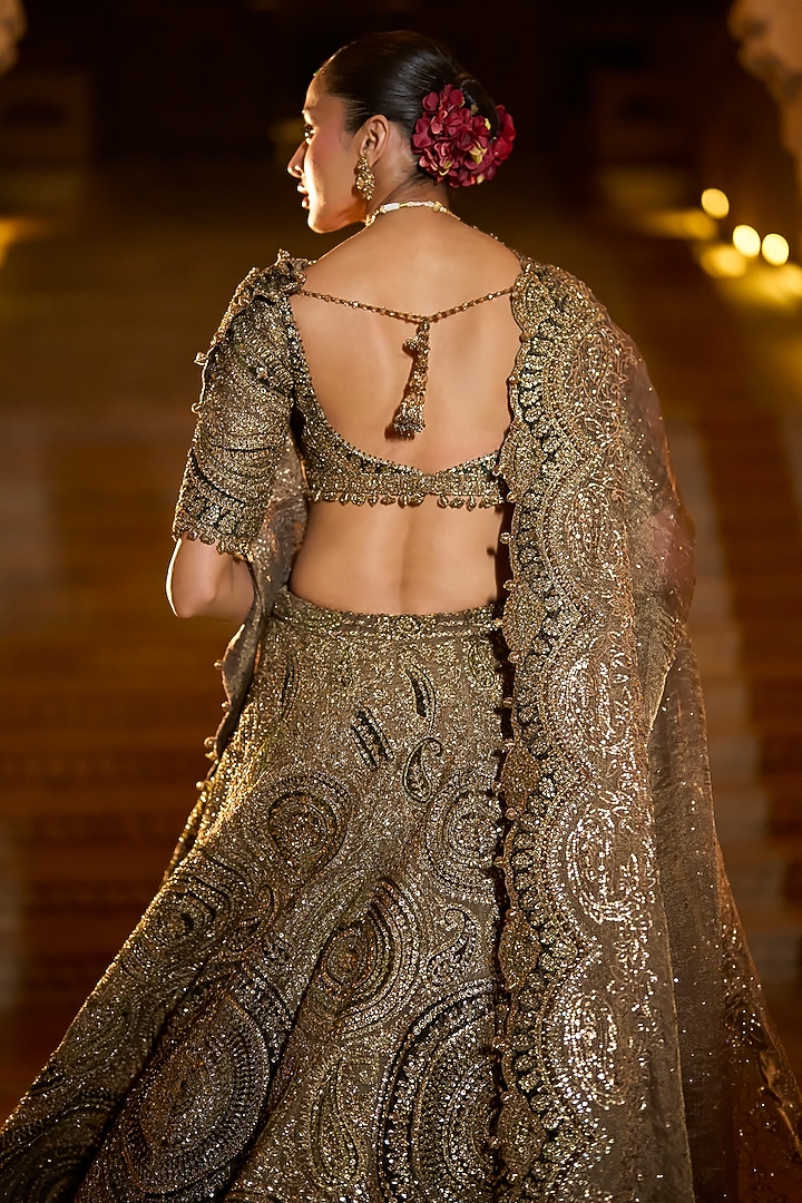 Moss Green Tissue Organza Sequins Embroidered Bridal Lehenga Set by Seema Gujral at Pernia's Pop Up Shop