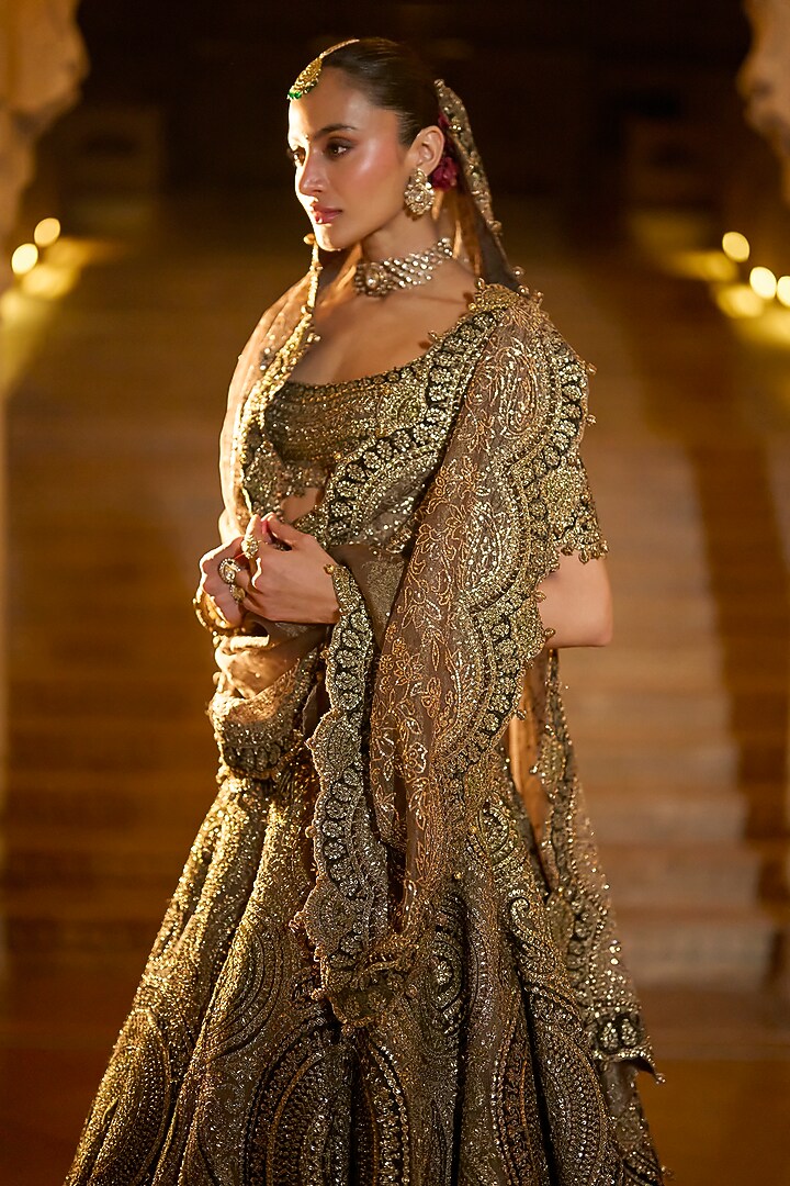 Moss Green Tissue Organza Sequins Embroidered Bridal Lehenga Set by Seema Gujral at Pernia's Pop Up Shop