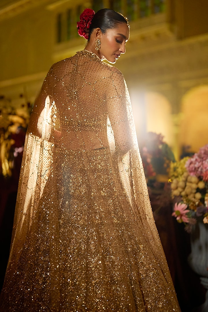 Antique Gold Net Sequins Embroidered Bridal Lehenga Set by Seema Gujral at Pernia's Pop Up Shop