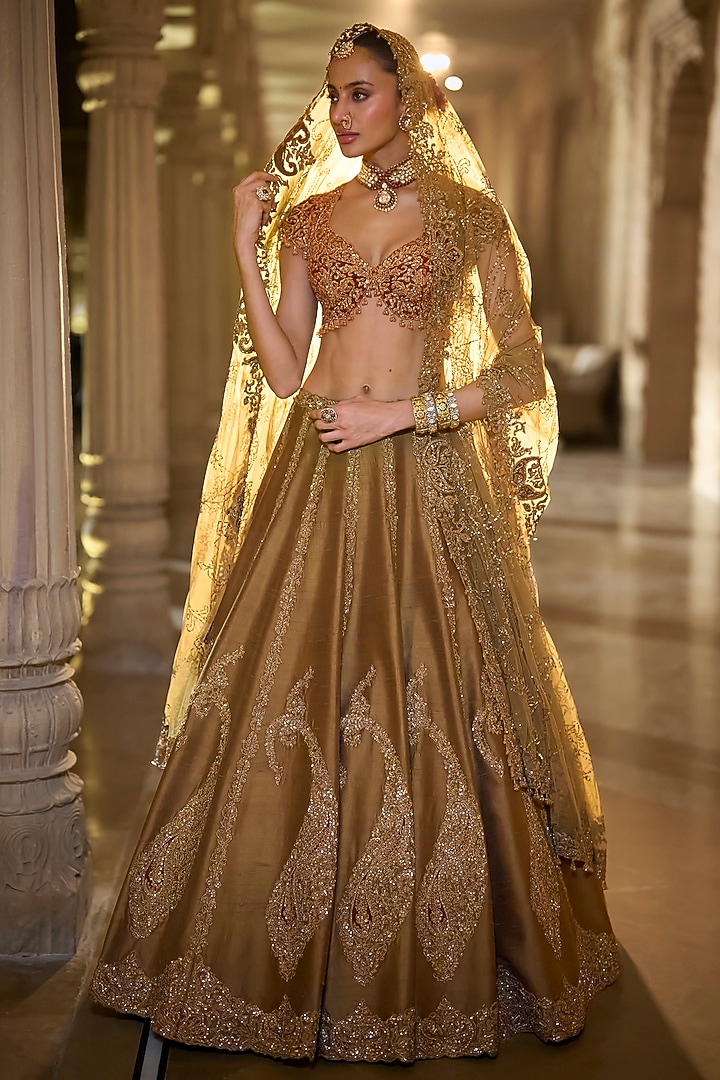 Gold Raw Silk Sequins Embroidered Bridal Lehenga Set by Seema Gujral at Pernia's Pop Up Shop
