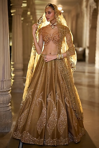 Gold Raw Silk Sequins Embroidered Lehenga Set by Seema Gujral
