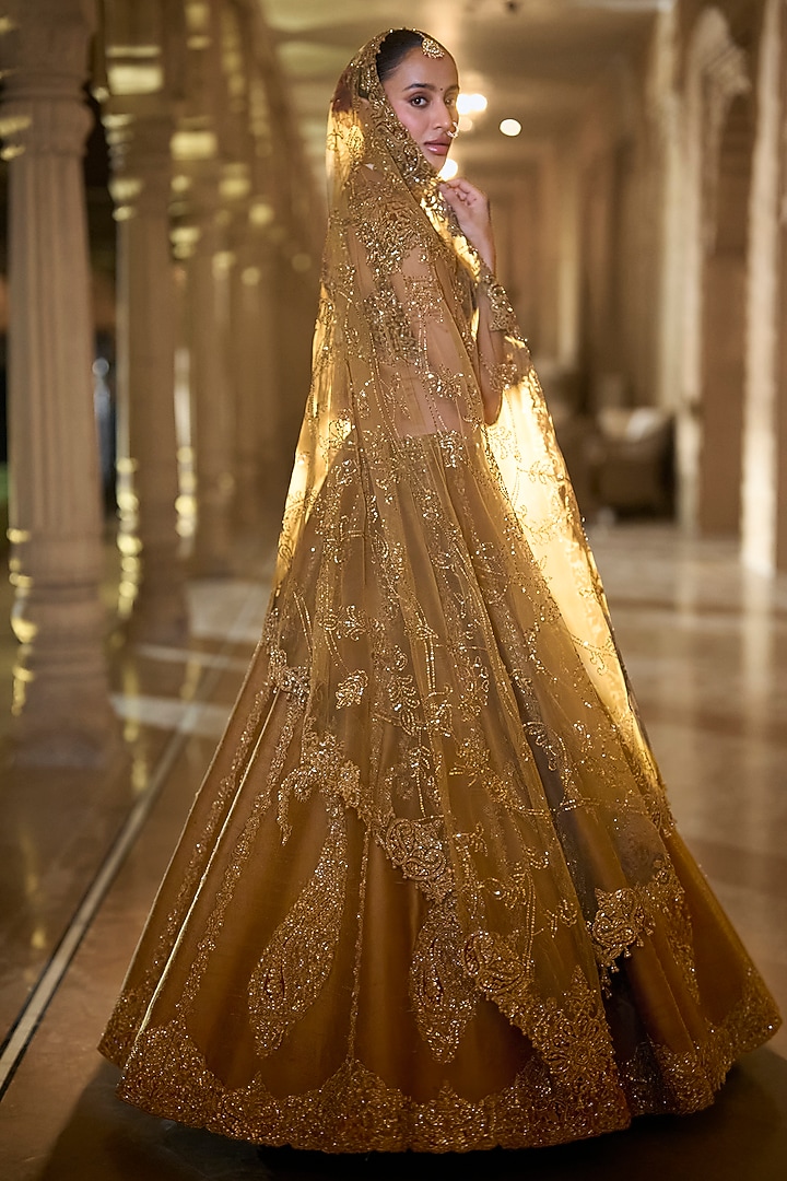 Gold Raw Silk Sequins Embroidered Bridal Lehenga Set by Seema Gujral at Pernia's Pop Up Shop