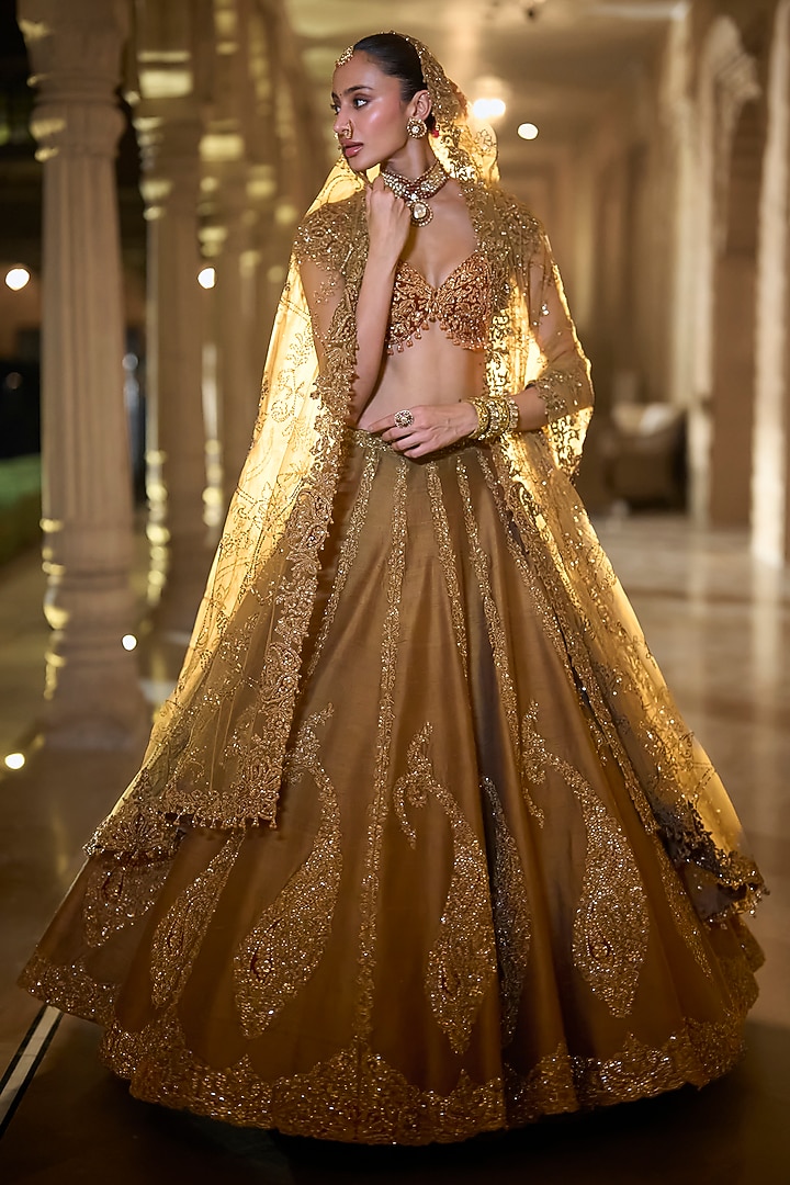 Gold Raw Silk Sequins Embroidered Bridal Lehenga Set by Seema Gujral at Pernia's Pop Up Shop