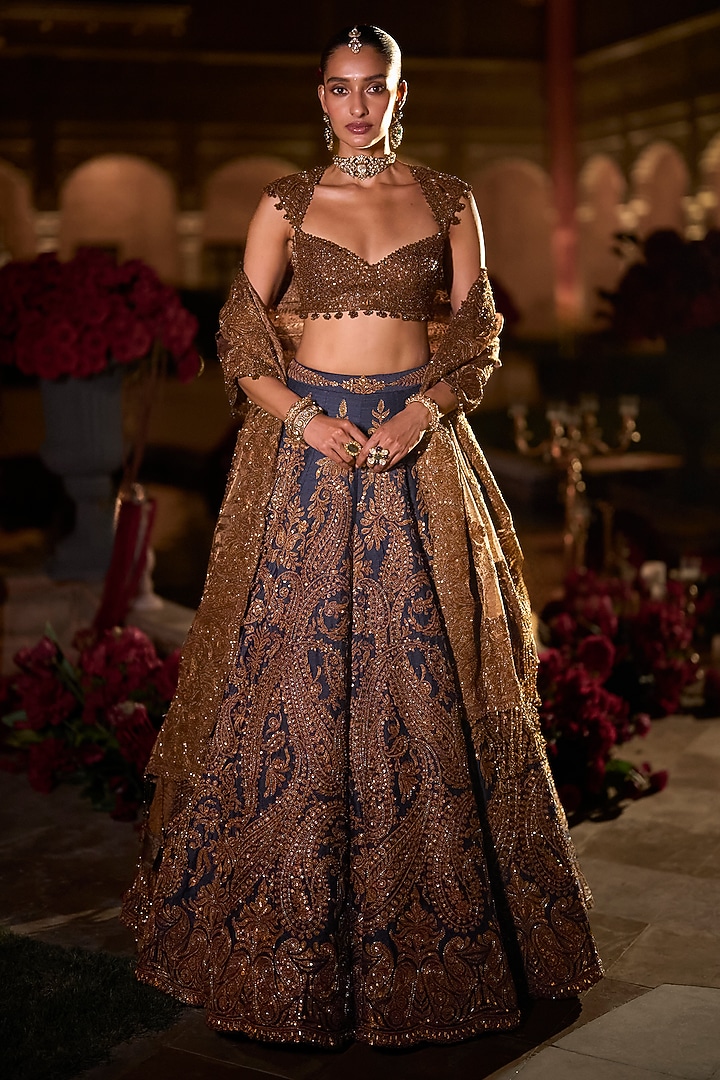 Navy Blue Raw Silk Sequins Embroidered Bridal Lehenga Set by Seema Gujral at Pernia's Pop Up Shop