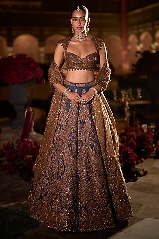 Navy Blue Raw Silk Sequins Embroidered Lehenga Set by Seema Gujral