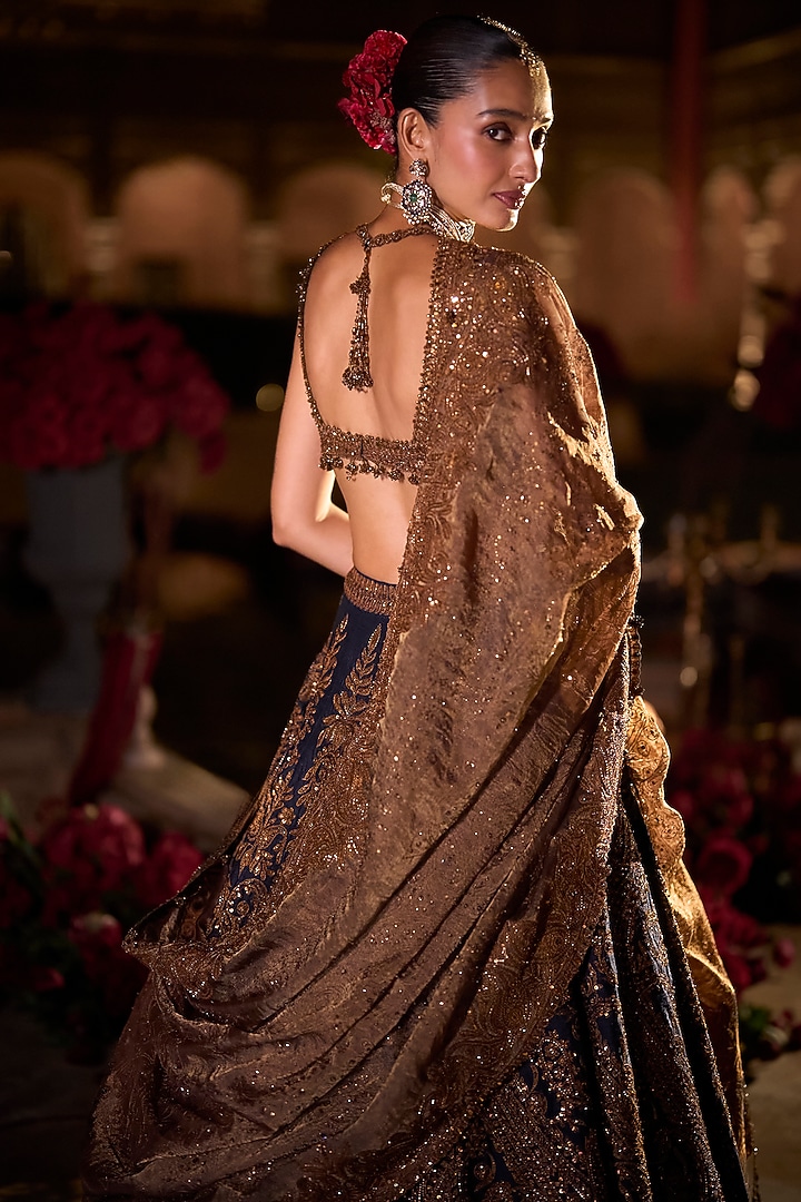 Navy Blue Raw Silk Sequins Embroidered Bridal Lehenga Set by Seema Gujral at Pernia's Pop Up Shop