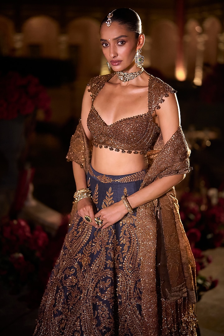 Navy Blue Raw Silk Sequins Embroidered Bridal Lehenga Set by Seema Gujral at Pernia's Pop Up Shop