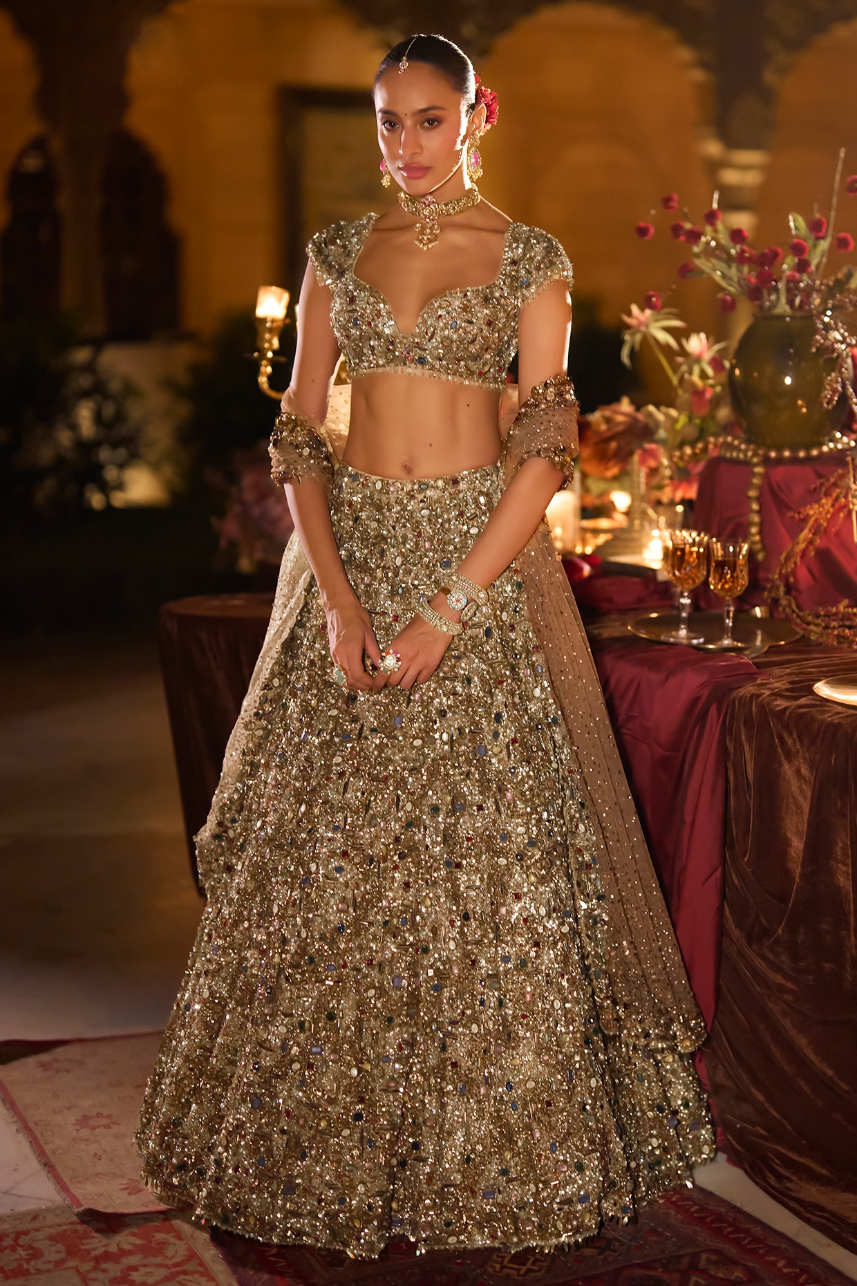 Seema Gujral Antique Gold Net Sequins Embroidered Lehenga Set