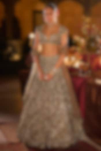 Antique Gold Net Sequins Embroidered Bridal Lehenga Set by Seema Gujral at Pernia's Pop Up Shop