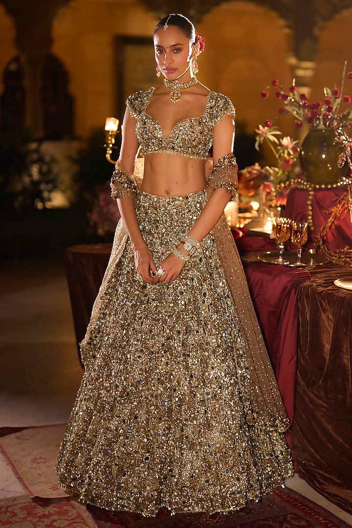 Antique Gold Net Sequins Embroidered Bridal Lehenga Set by Seema Gujral at Pernia's Pop Up Shop