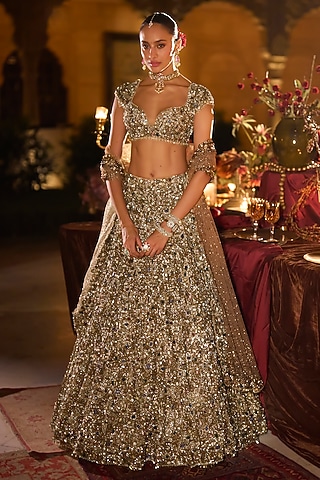 Antique Gold Net Sequins Embroidered Lehenga Set by Seema Gujral